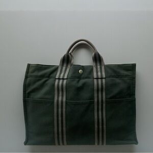 Hermes Fourre Tout MM Canvas tote bag- black with gray and black stripe